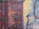 a painting of a chair and a table in a room