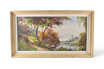 an image of a painting of a landscape with trees and a river