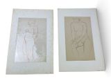 two framed drawings of a woman sitting on a chair and a man sitting on a chair