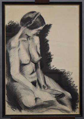 dessin représentant une femme nue assise sur une chaise, dans un cadre en noir et blanc
