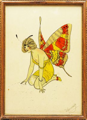 tableau représentant une femme avec un papillon sur le dos