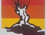 a painting of a tree with no leaves on it in front of a sunset