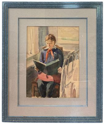 painting of a young girl reading a book on a bench