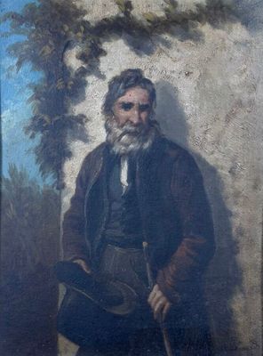 painting of an old man with a cane and a hat