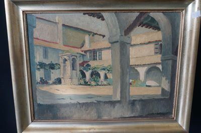 an oil painting of a courtyard with a building in the background