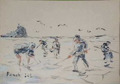 tableau représentant un groupe de personnes sur une plage, avec un bateau en arrière-plan