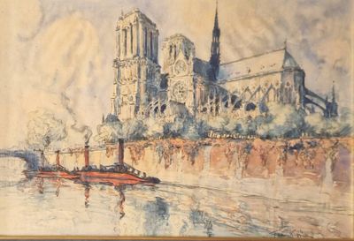 un tableau représentant un bateau devant une grande cathédrale