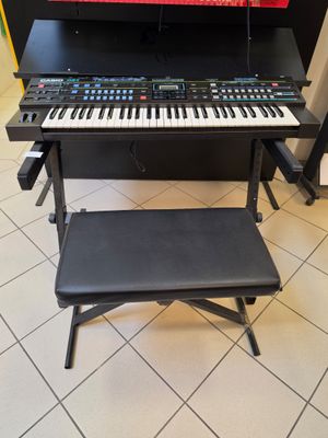 a piano and a stool in a room