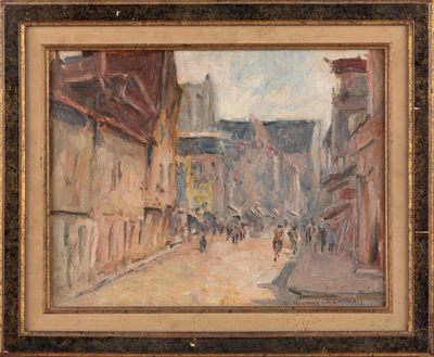 une peinture à l'huile représentant une scène de rue avec des personnes marchant dans la rue