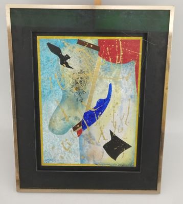 tableau représentant un homme tenant un couteau à la main, avec un oiseau en arrière-plan