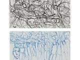two drawings of a group of people standing next to each other