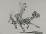 drawing of a man riding a horse with a lasset on his back