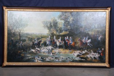 grande peinture à l'huile représentant une scène de chasse avec des chiens et des chasseurs