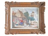 a picture of a painting of people outside of a house