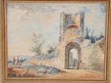 an old painting of a castle with a man riding a horse in front of it