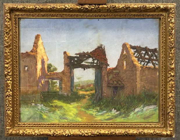 Charles BICHET (1863-1929) « Maisons en ruines ». Pastel sur papi...