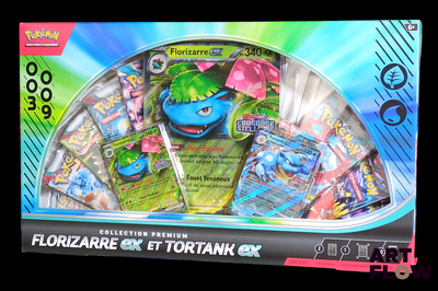 une boîte de cartes Pokémon sur laquelle figure un personnage bleu et vert