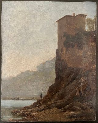 une image représentant un tableau d'un château situé sur une falaise au bord de l'eau
