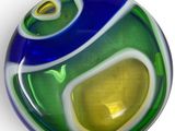 a glass bowl with a green and blue design on it