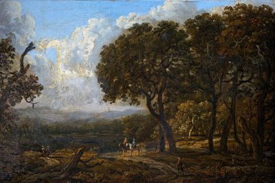 painting of a wooded landscape with two men on horseback and a dog in the foreground