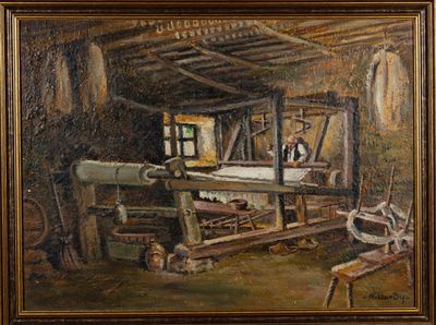 une peinture à l'huile représentant un homme travaillant sur un métier à tisser dans un atelier