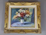 a painting of flowers in a vase on a table