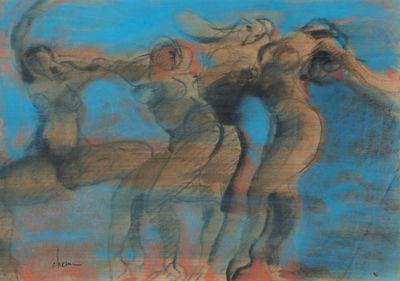 painting of three dancers in motion on a blue background