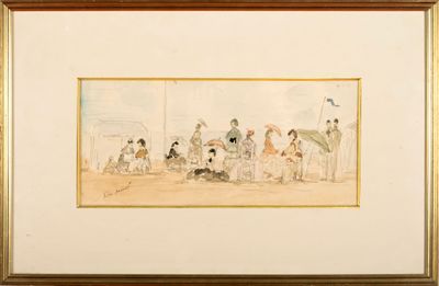 tableau représentant un groupe de personnes assises sur une plage, sous des parasols