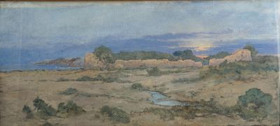 an image of a painting of a landscape with a river in the foreground
