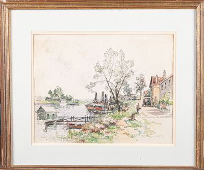an image of a watercolor painting of a village by a river