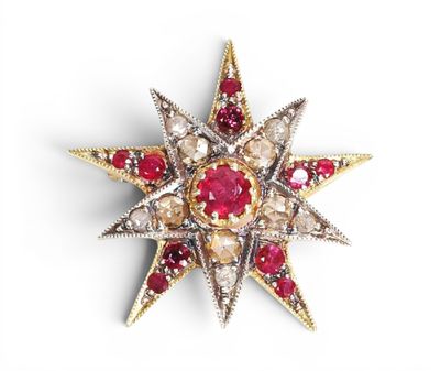 un gros plan d'une broche en forme d'étoile rouge et blanche posée sur une surface blanche
