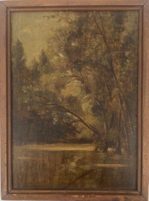 une peinture à l'huile représentant une scène fluviale avec des arbres au premier plan