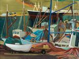 un tableau représentant des bateaux amarrés dans un port, avec des personnes sur le quai