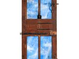 a wooden cabinet with two blue glass doors on it