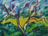 a painting of a tree in the middle of a green field