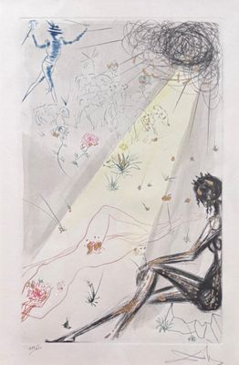 dessin représentant une femme assise sur un lit, avec un oiseau dans le ciel