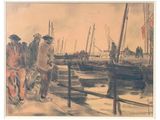 a painting of a group of people walking on a pier