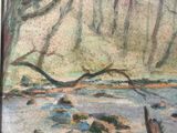 an image of a painting of a river in a wooded area