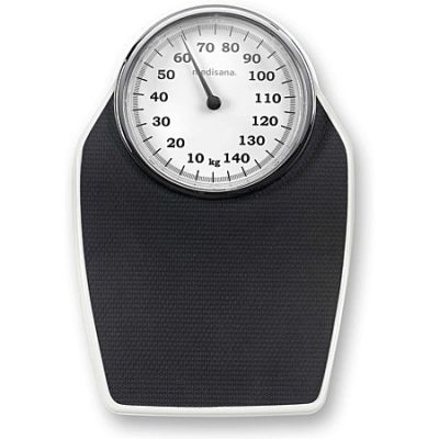 a black and white bathroom scale with a clock on it