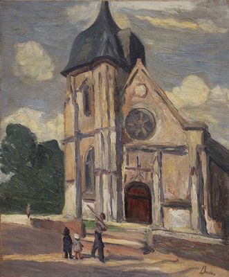 tableau représentant une église devant laquelle passent des gens