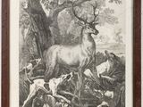 an old print of a deer and a group of people in the woods