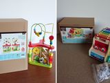 deux images : l'une représentant une boîte contenant des jouets et l'autre une boîte dans laquelle se trouve un jouet