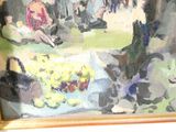a painting of a woman sitting on a bench with a bunch of flowers