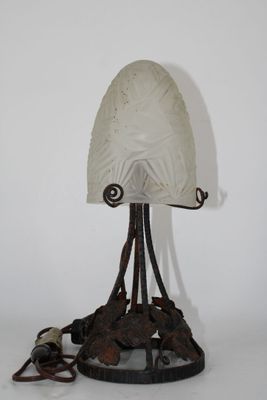 Lampe champignon Art Déco en verre moulé dépoli et piétement en métal  - Photo 1