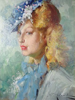 une peinture à l'huile représentant une femme portant un chapeau bleu et un foulard bleu