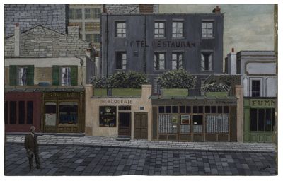 painting of a man walking down the street in front of a building