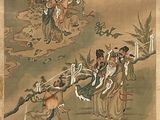 tableau représentant un groupe de personnes à cheval dans un champ