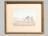 a painting of two men riding horses on a dirt road