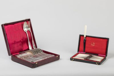 two silverware items in a case with a spoon and spoon rest