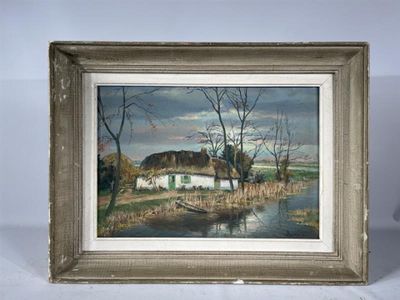 une peinture à l'huile représentant une scène de campagne avec un étang au premier plan